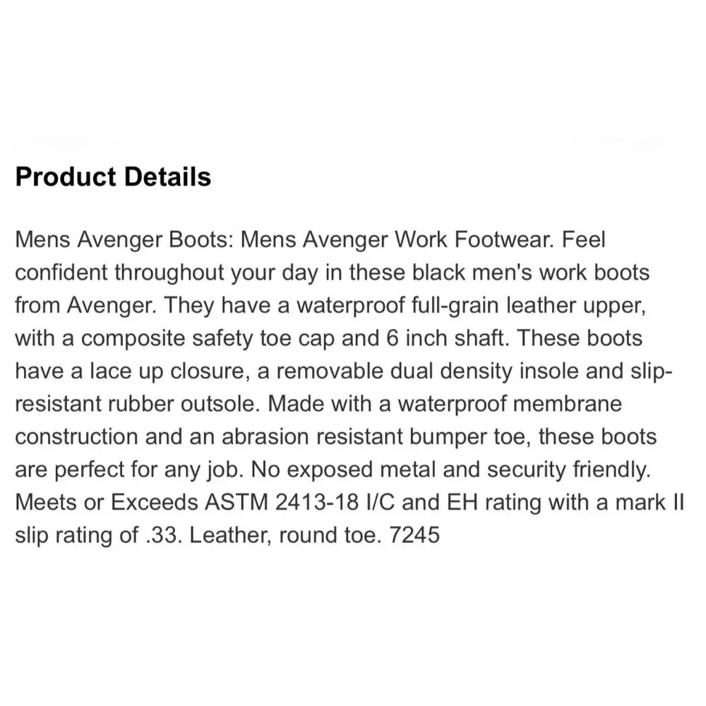 Avenger Black Waterproof  Work Boots Size Composite Toe & Slip-Resistant Size 10